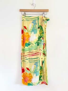 Jams World Vintage 90s Sarong Wrap Skirt Yellow Tropical Floral Parrot Small